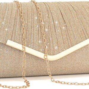 Champagne Glittering Envelope Style Evening Clutch with Detachable Chain for Wed